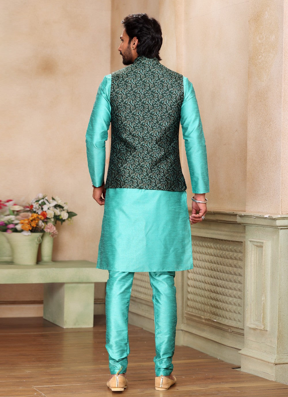 Fancy Work Jacquard Silk Green, Turquoise Kurta Payjama With Jacket - M5203