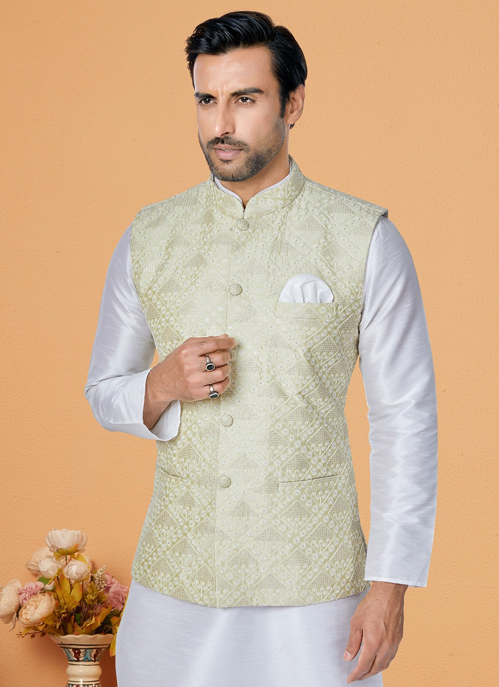 Fancy Work Banarasi Silk Green, White Kurta Payjama With Jacket - M5326