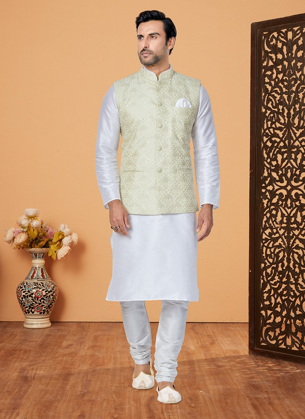 Fancy Work Banarasi Silk Green, White Kurta Payjama With Jacket - M5326