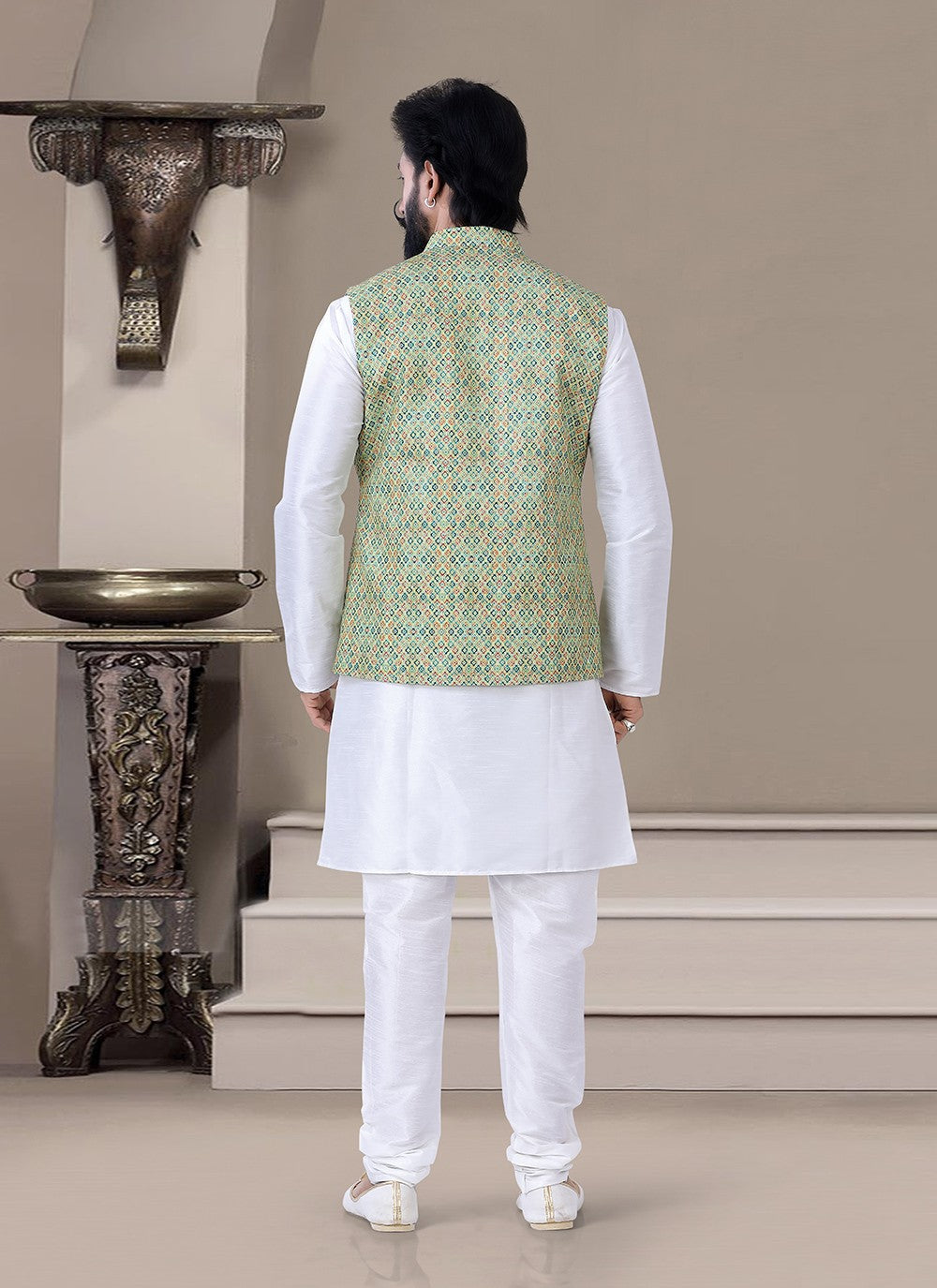 Printed Silk Green, White Kurta Payjama With Jacket - M3470