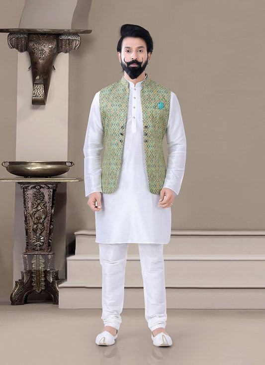 Printed Silk Green, White Kurta Payjama With Jacket - M3470