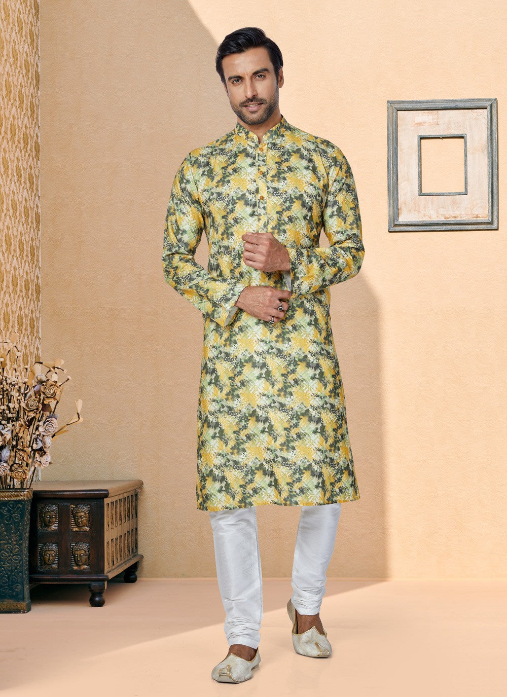 Digital Print Cotton Green, Yellow Kurta Pyjama - M5065