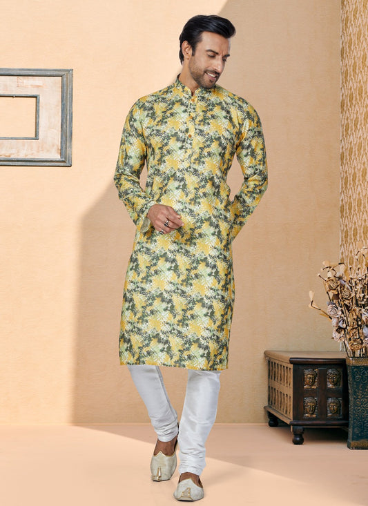 Digital Print Cotton Green, Yellow Kurta Pyjama - M5065