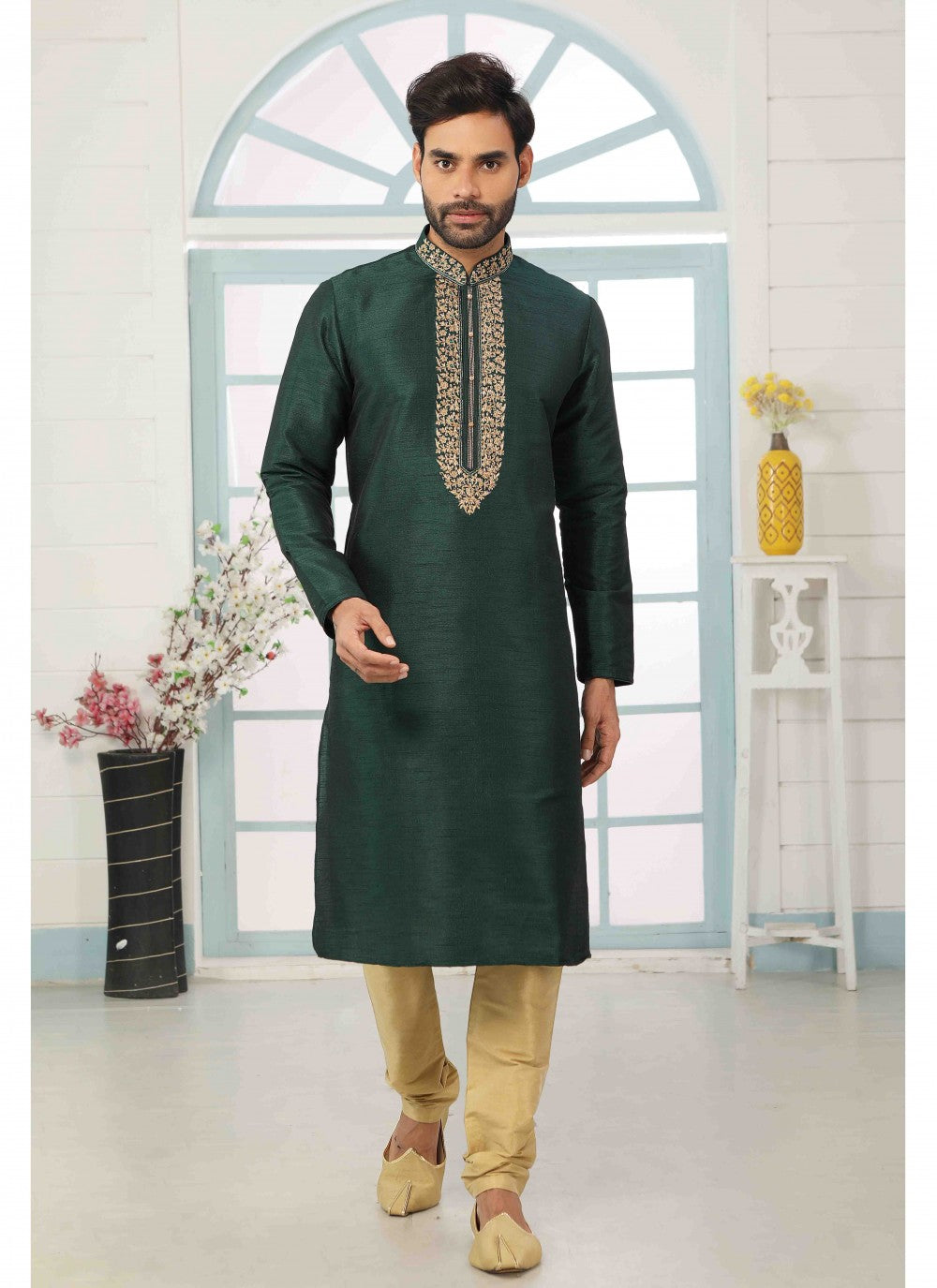 Embroidered Banarasi Silk Green Kurta Pyjama - M1810