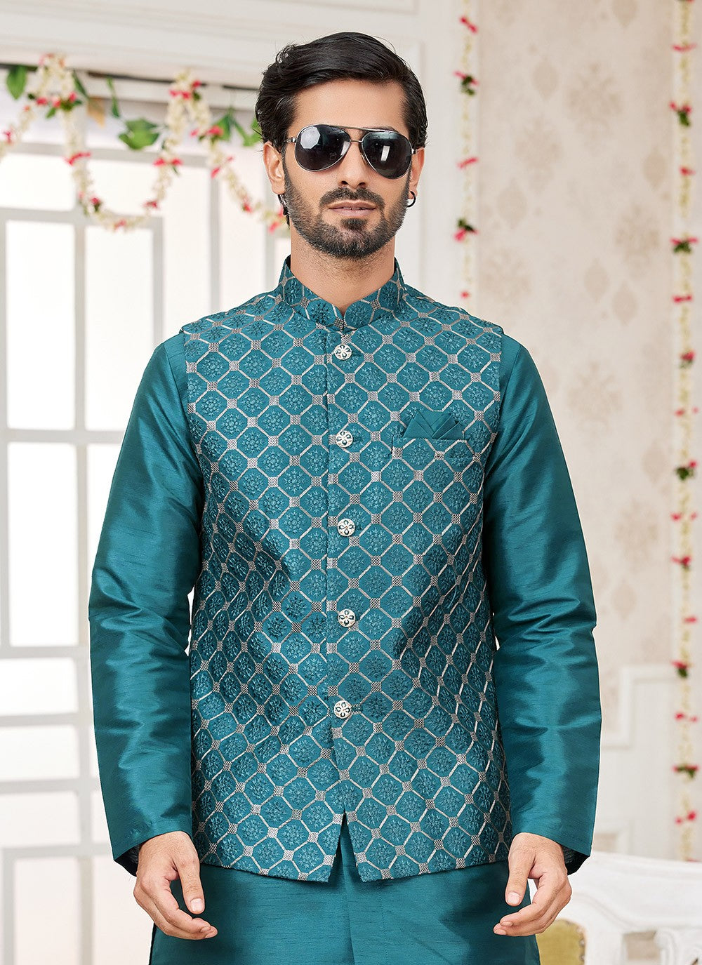 Machine Embroidery Banarasi Silk Green Kurta Payjama With Jacket - M8754