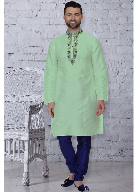 Embroidered Art Dupion Silk Green Kurta Pyjama - M1490