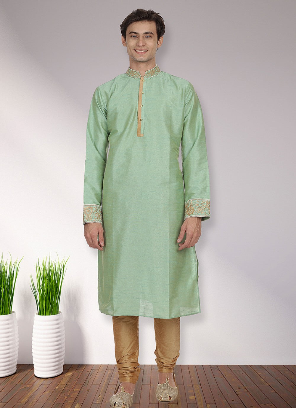 Patch Art Dupion Silk Green Kurta Pyjama - M1129