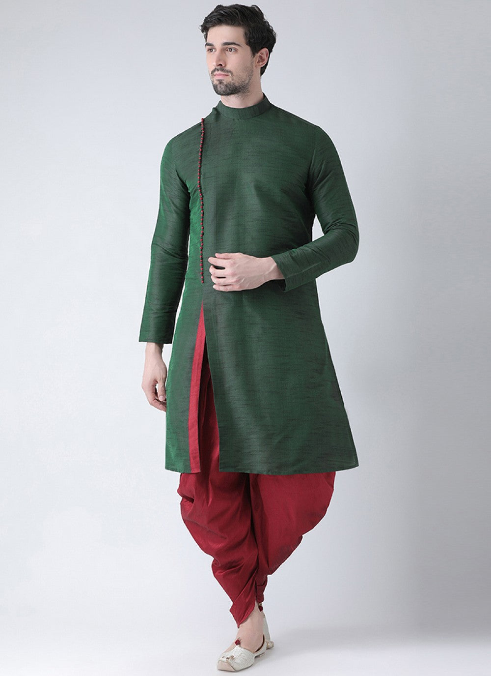 Plain Art Dupion Silk Green Kurta Pyjama - M1214