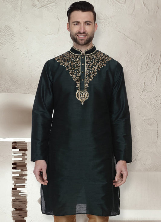 Embroidered Art Dupion Silk Green Kurta - M1312