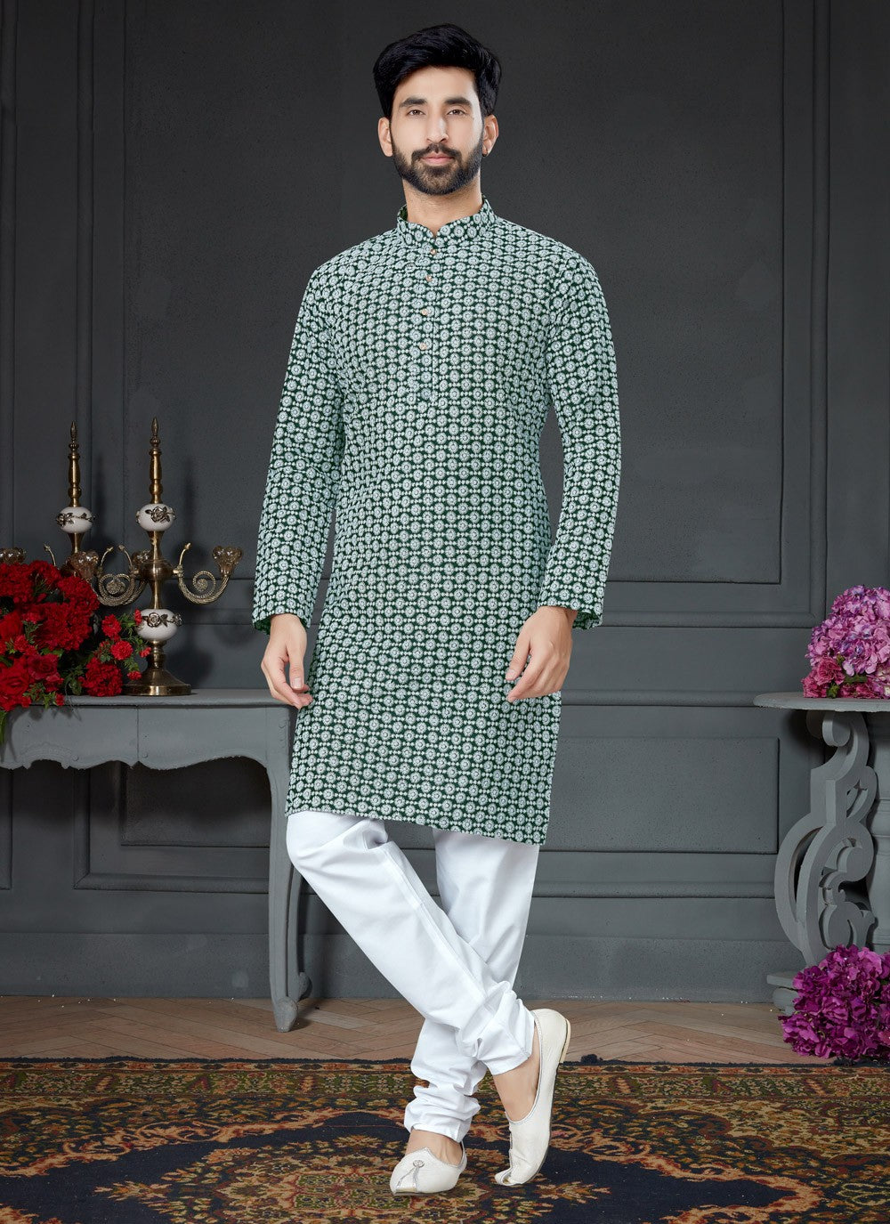 Embroidered Art Silk Cotton Green Kurta Pyjama - M4141