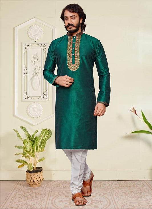 Embroidered Art Silk Green Kurta Pyjama - M2055