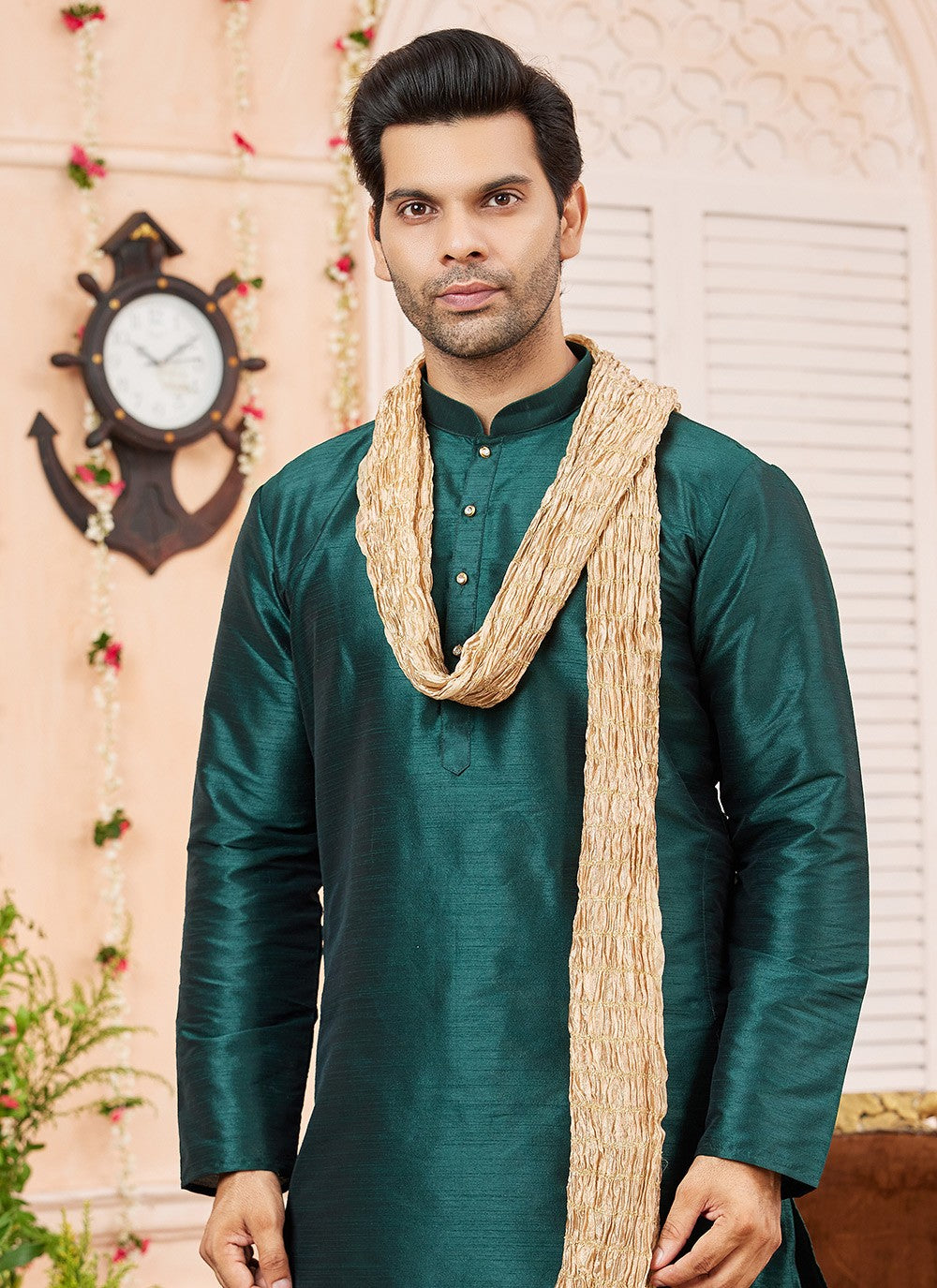 Plain Art Silk Green Kurta Pyjama - M8738