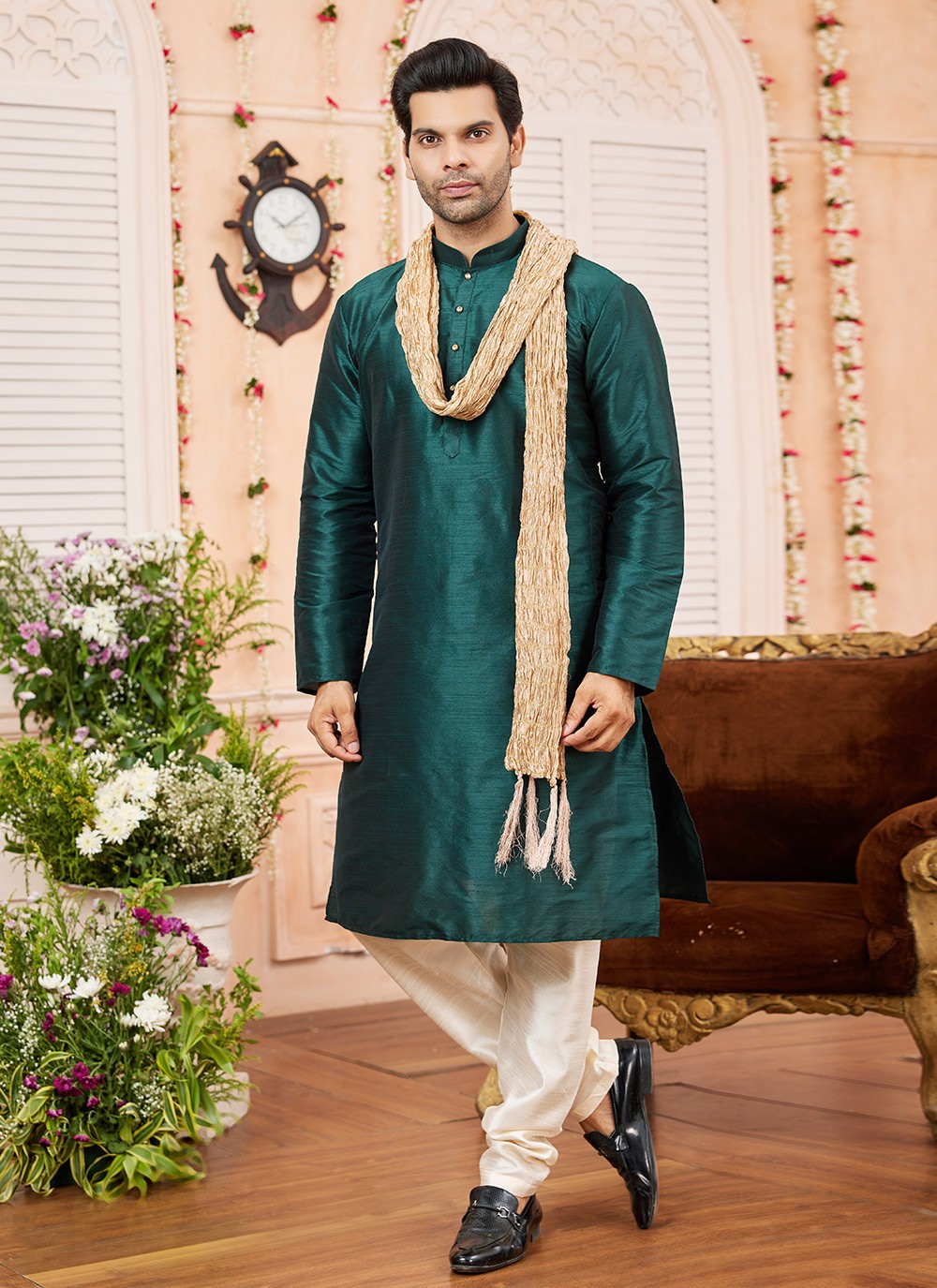 Plain Art Silk Green Kurta Pyjama - M8738