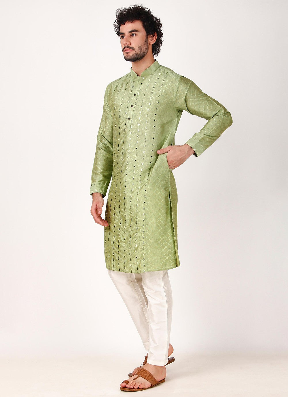 Embroidered Art Silk Green Kurta Pyjama - M8165