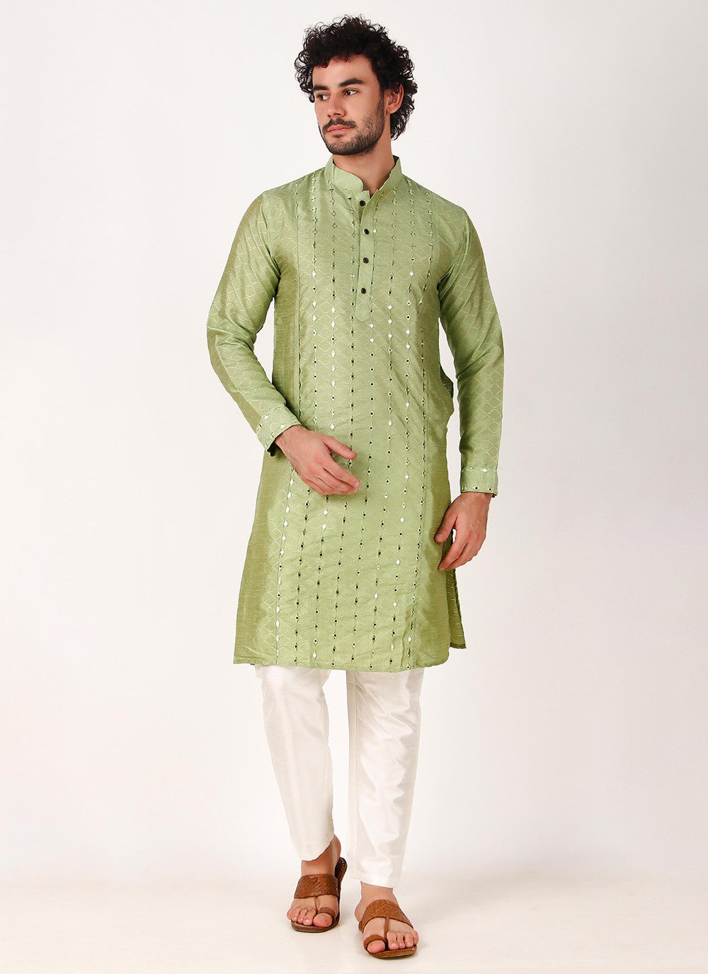 Embroidered Art Silk Green Kurta Pyjama - M8165