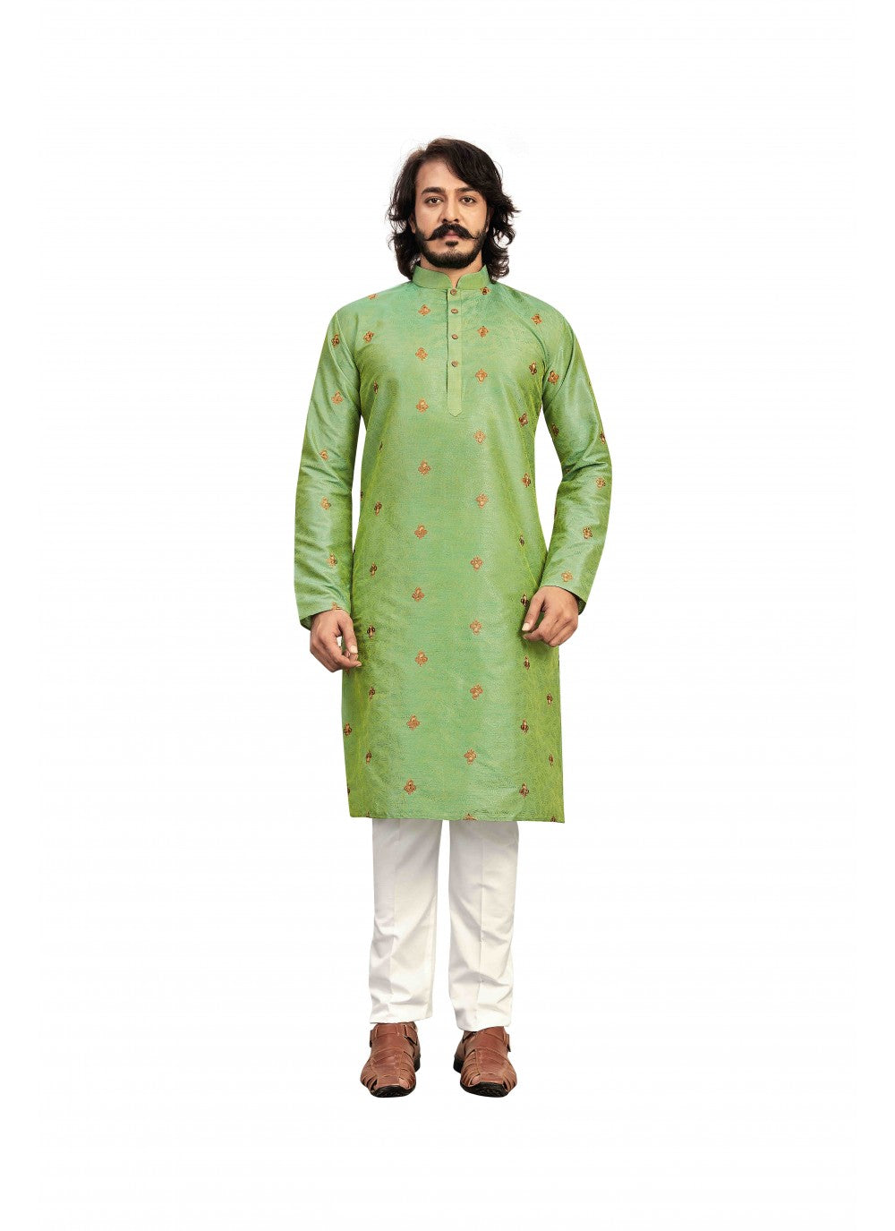 Printed Art Silk Green Kurta Pyjama - M1583