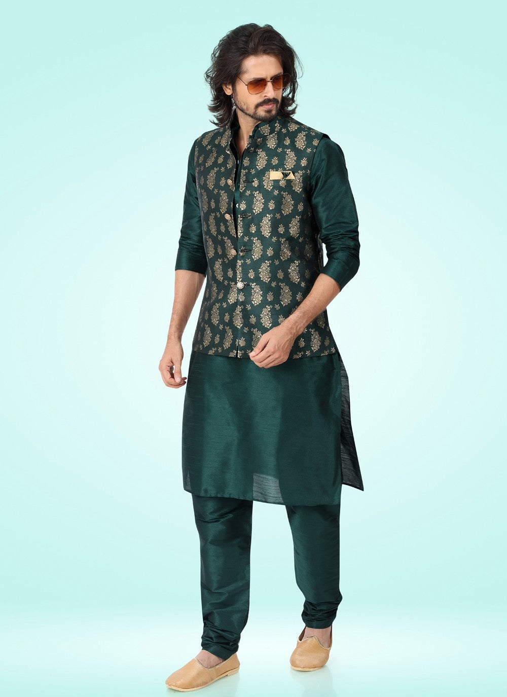 Fancy Work Banarasi Jacquard Green Kurta Payjama With Jacket - M4602