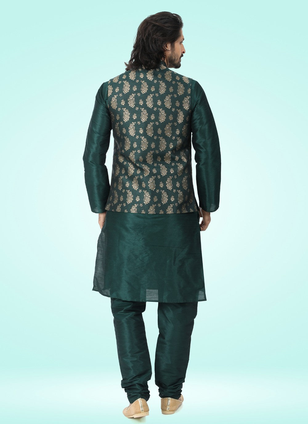 Fancy Work Banarasi Jacquard Green Kurta Payjama With Jacket - M4602