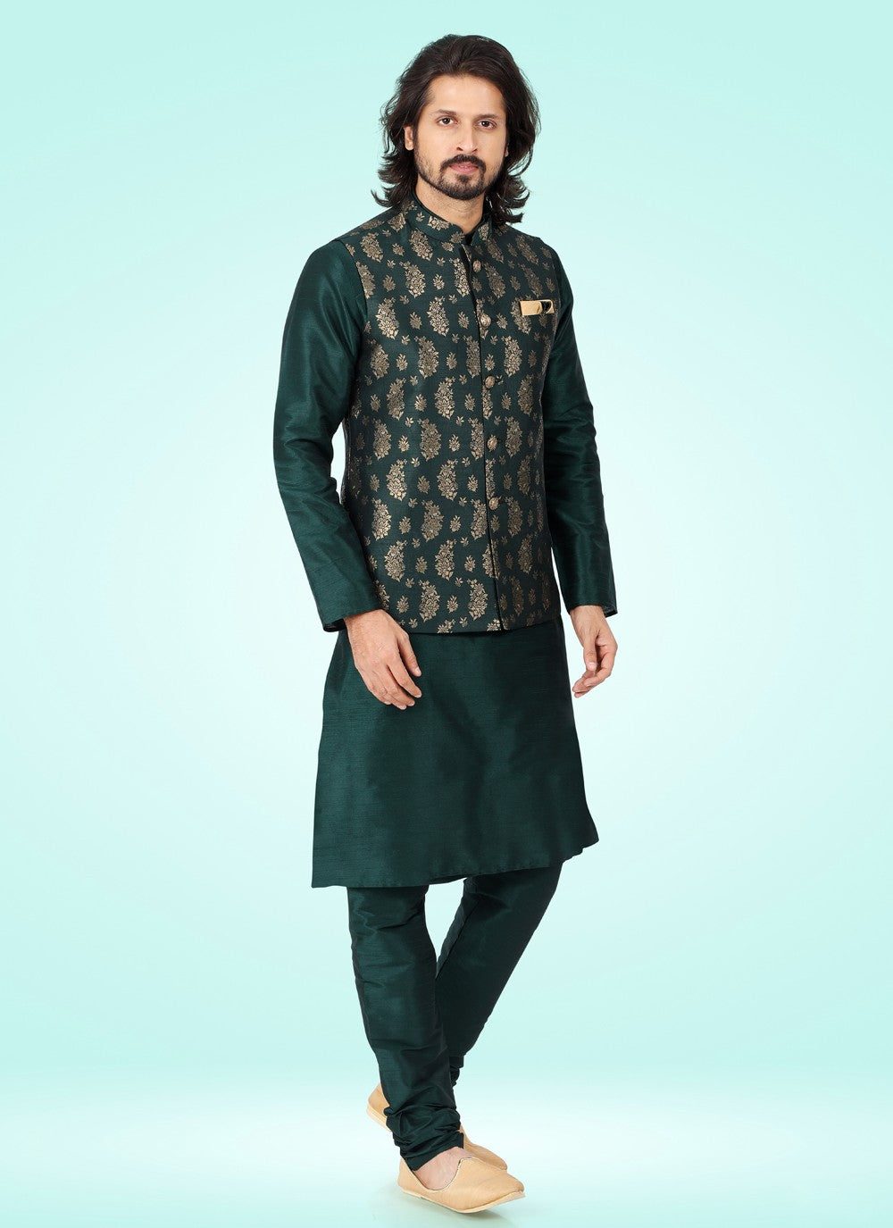 Fancy Work Banarasi Jacquard Green Kurta Payjama With Jacket - M4602