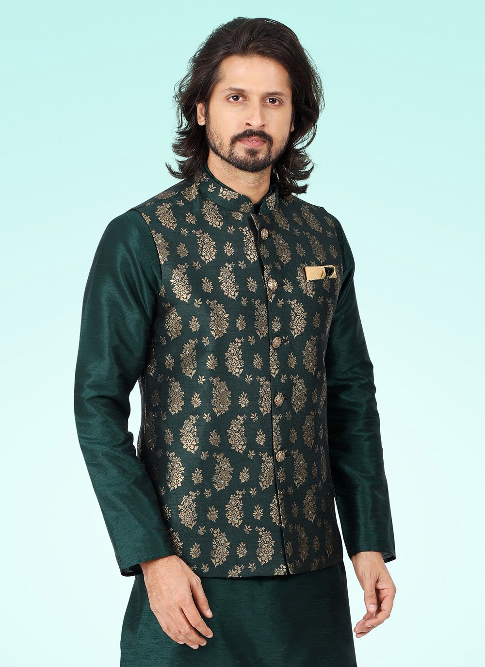 Fancy Work Banarasi Jacquard Green Kurta Payjama With Jacket - M4602