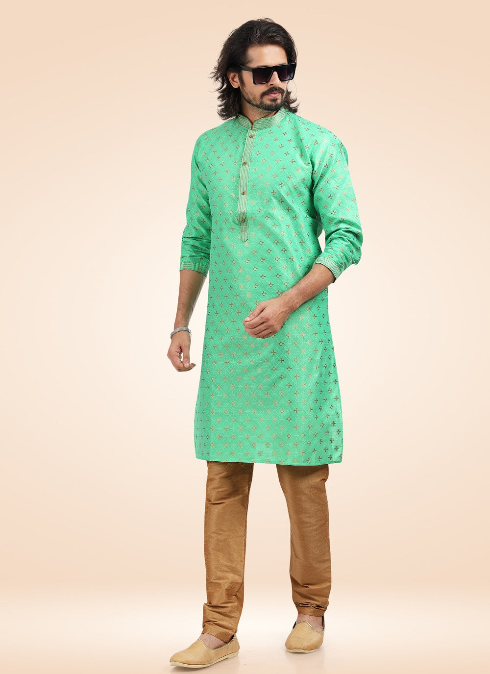 Fancy Work Banarasi Jacquard Green Kurta Pyjama - M4575