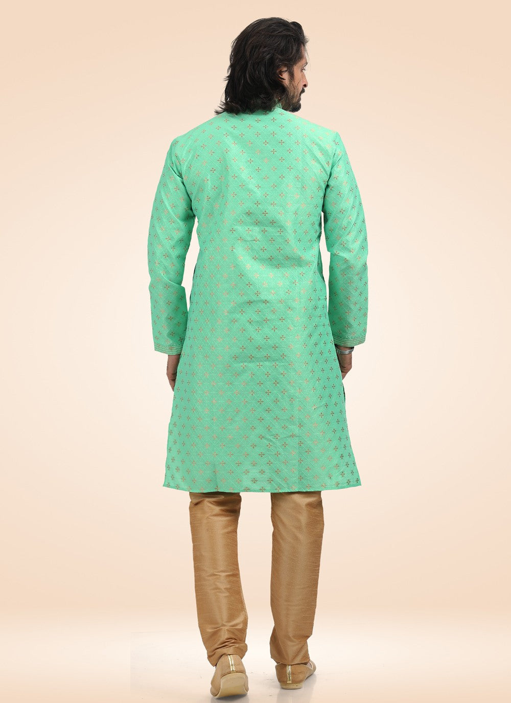 Fancy Work Banarasi Jacquard Green Kurta Pyjama - M4575