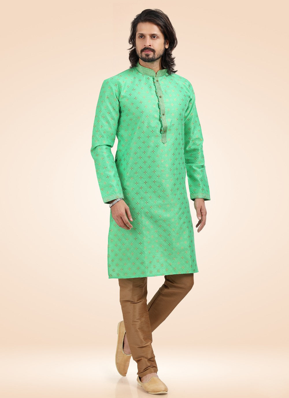 Fancy Work Banarasi Jacquard Green Kurta Pyjama - M4575