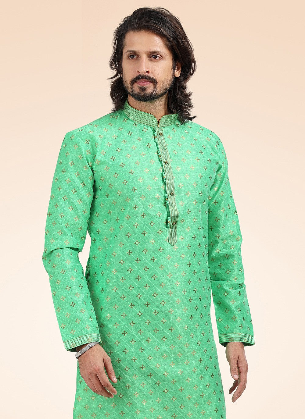 Fancy Work Banarasi Jacquard Green Kurta Pyjama - M4575