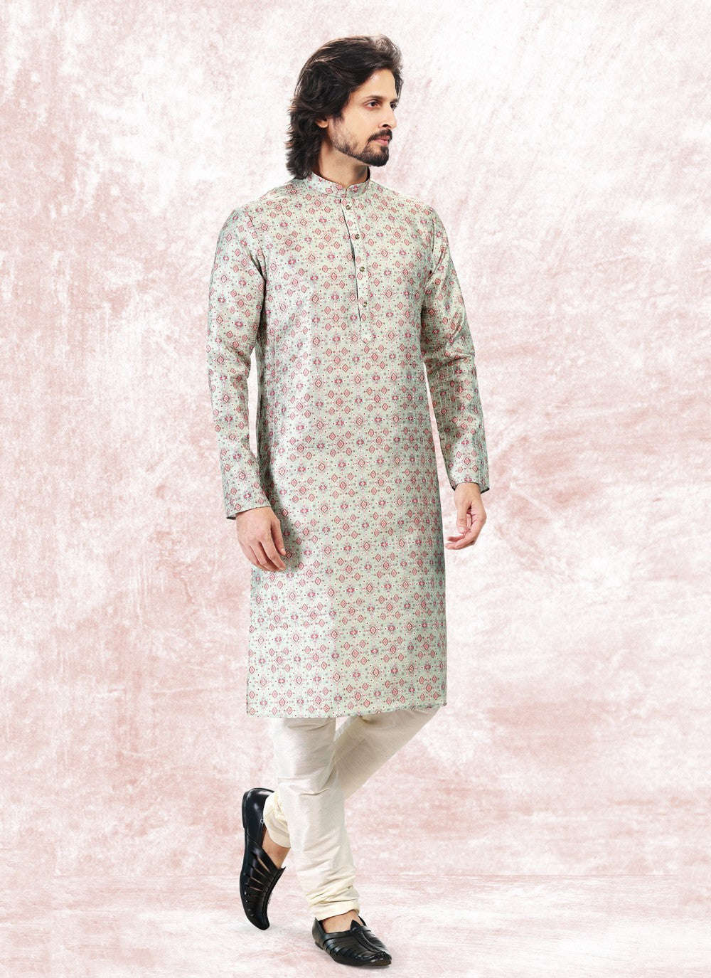 Fancy Work Banarasi Jacquard Green Kurta Pyjama - M5180