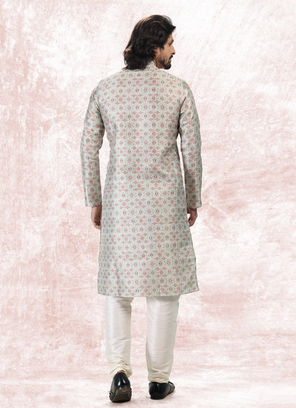 Fancy Work Banarasi Jacquard Green Kurta Pyjama - M5180