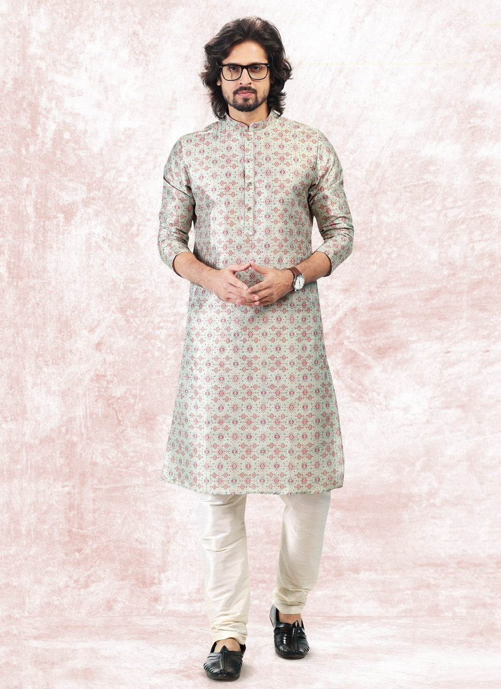 Fancy Work Banarasi Jacquard Green Kurta Pyjama - M5180