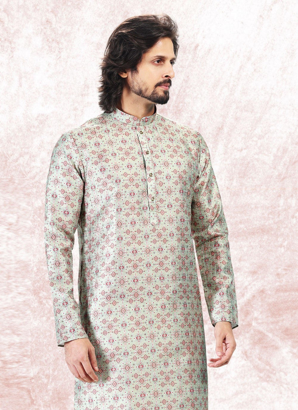 Fancy Work Banarasi Jacquard Green Kurta Pyjama - M5180