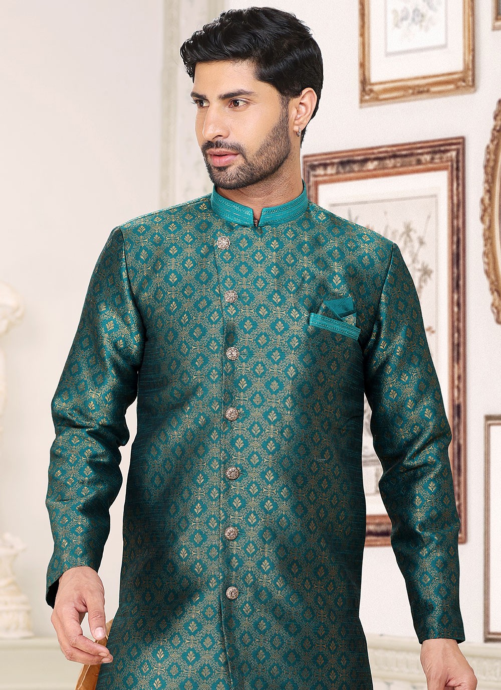 Jacquard Work Banarasi Jacquard Green Indo Western - M5284