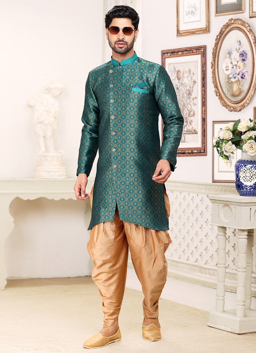 Jacquard Work Banarasi Jacquard Green Indo Western - M5284