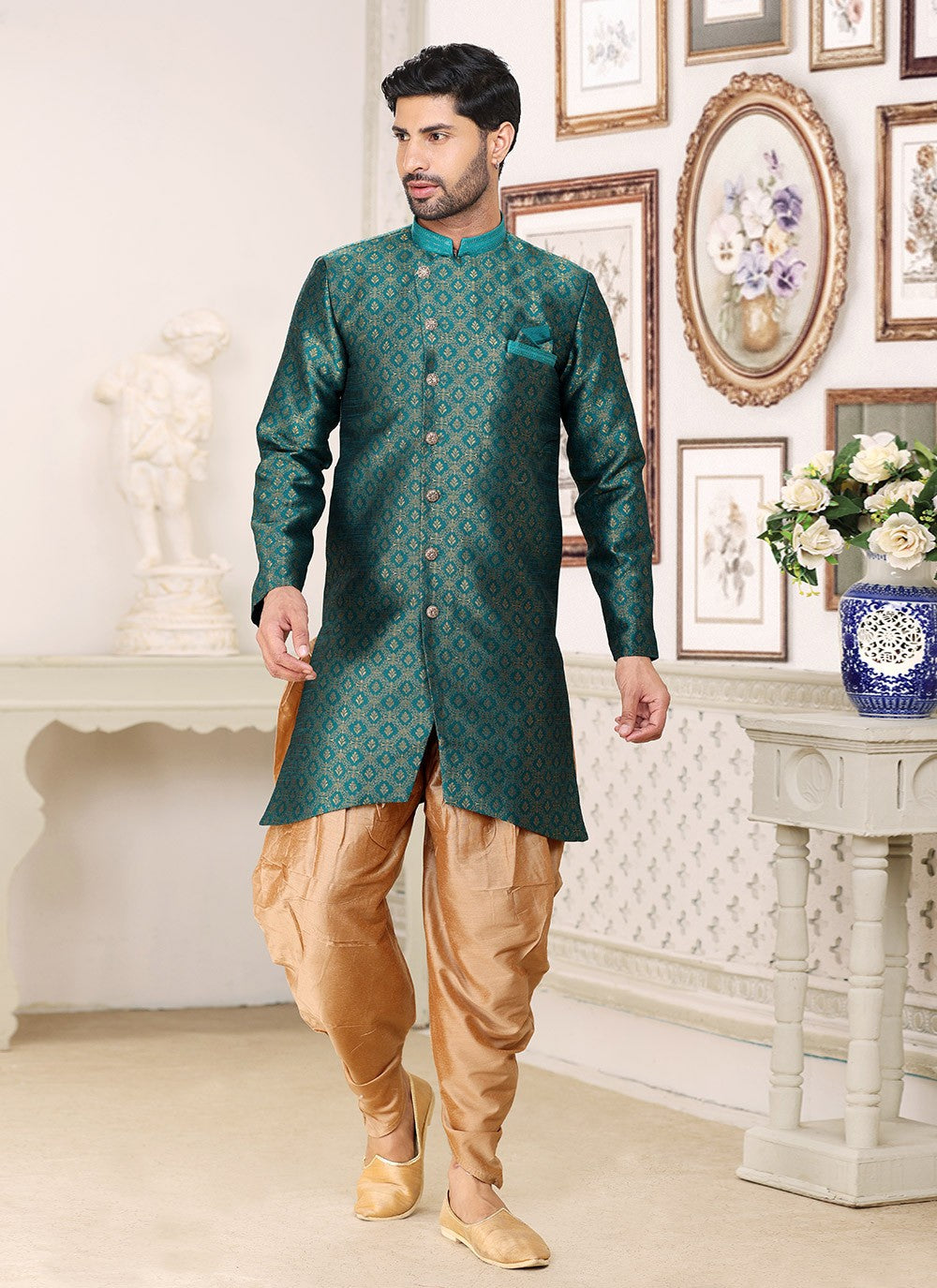 Jacquard Work Banarasi Jacquard Green Indo Western - M5284