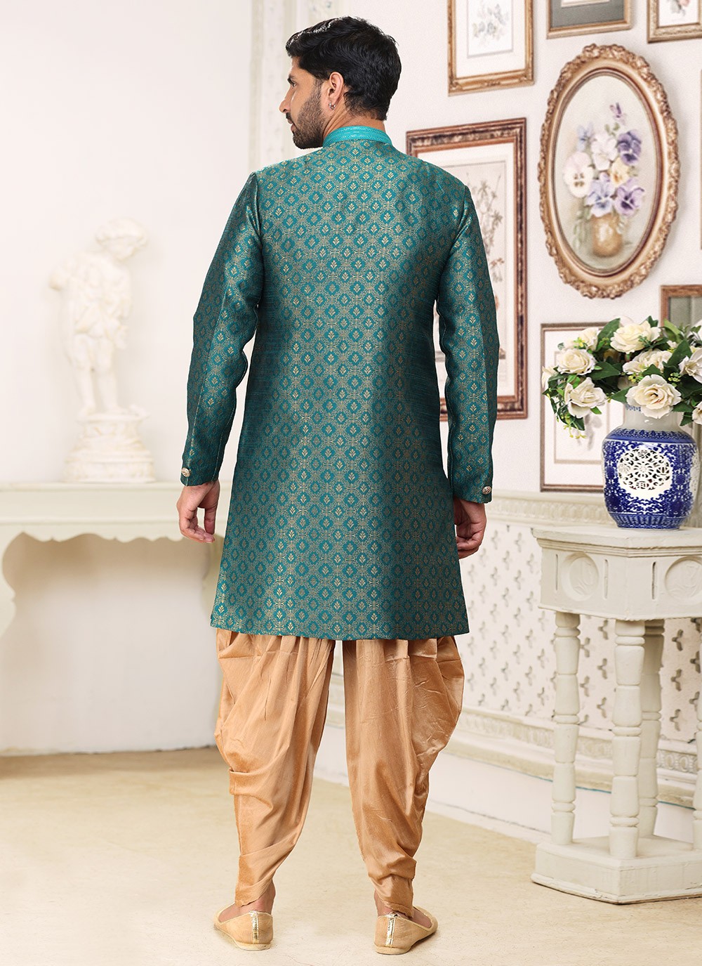 Jacquard Work Banarasi Jacquard Green Indo Western - M5284