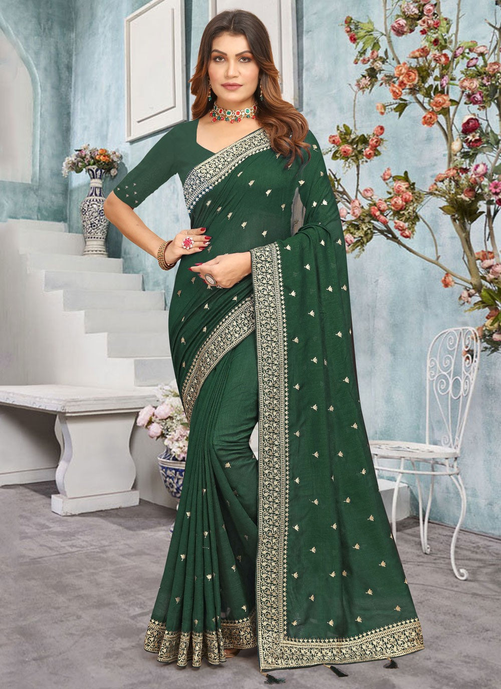 Classic Border Work Vichitra Silk Saree - S7668