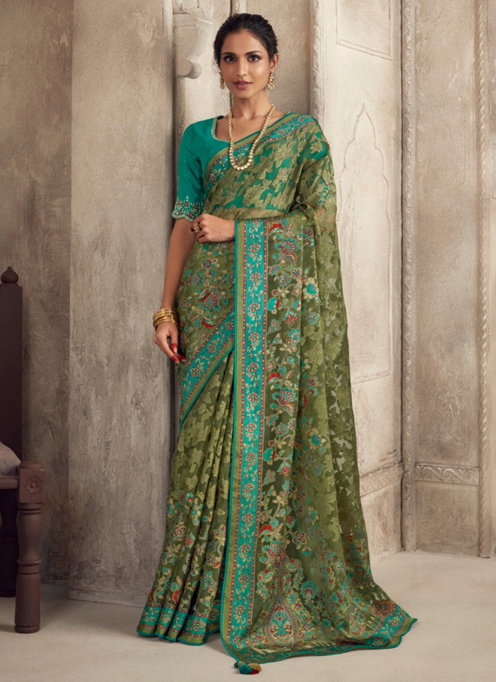 Contemporary Patch Border Brasso, Organza Saree - S3822