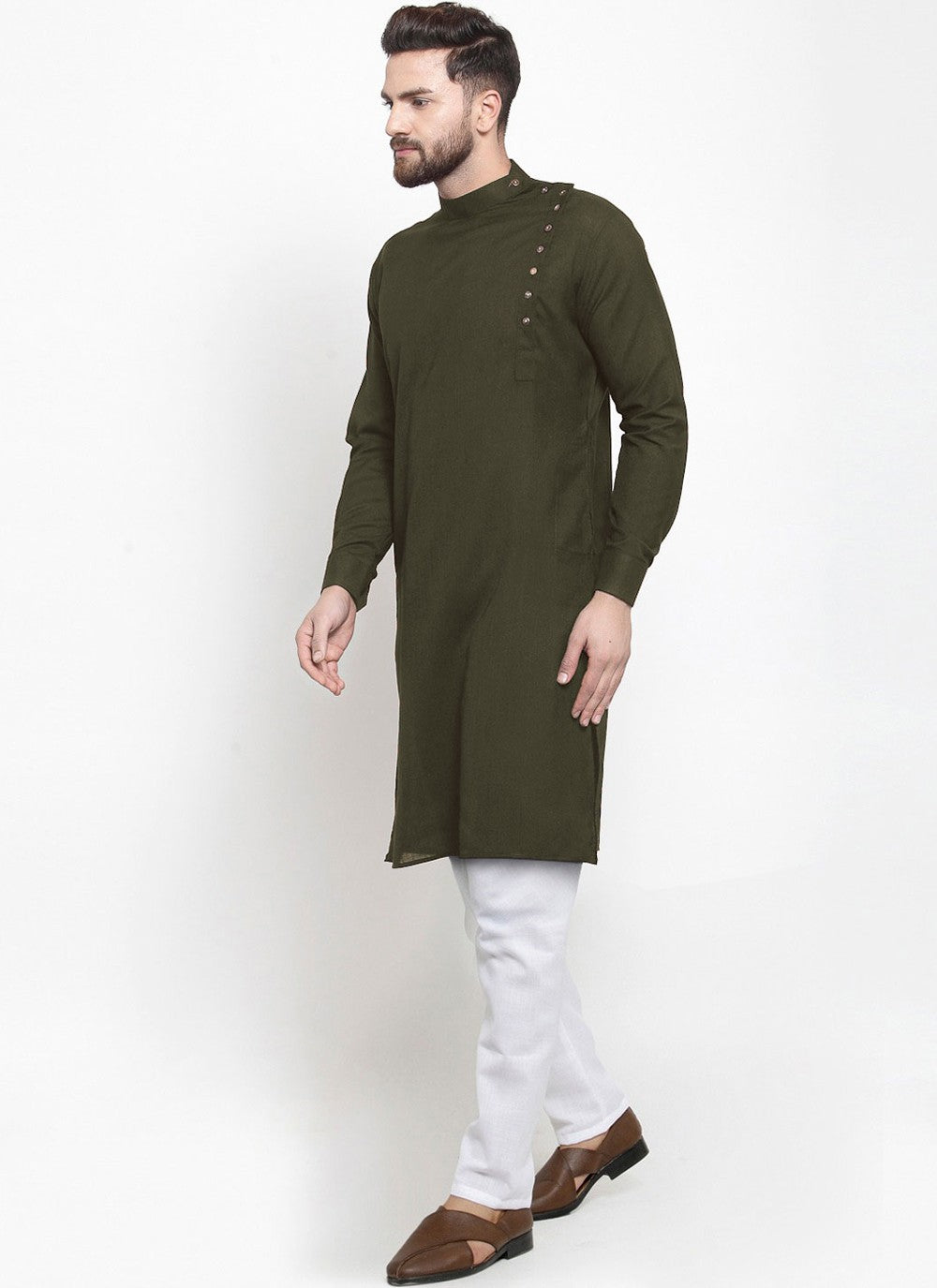 Buttons Blended Cotton Green Kurta Pyjama - M4508