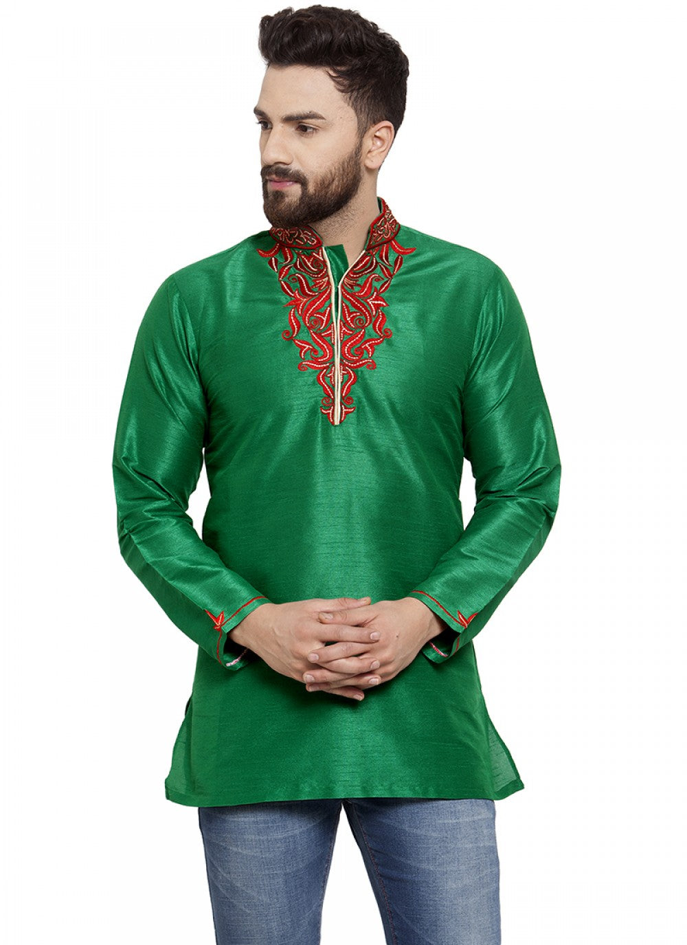 Embroidered Art Dupion Silk Green Kurta - M1251