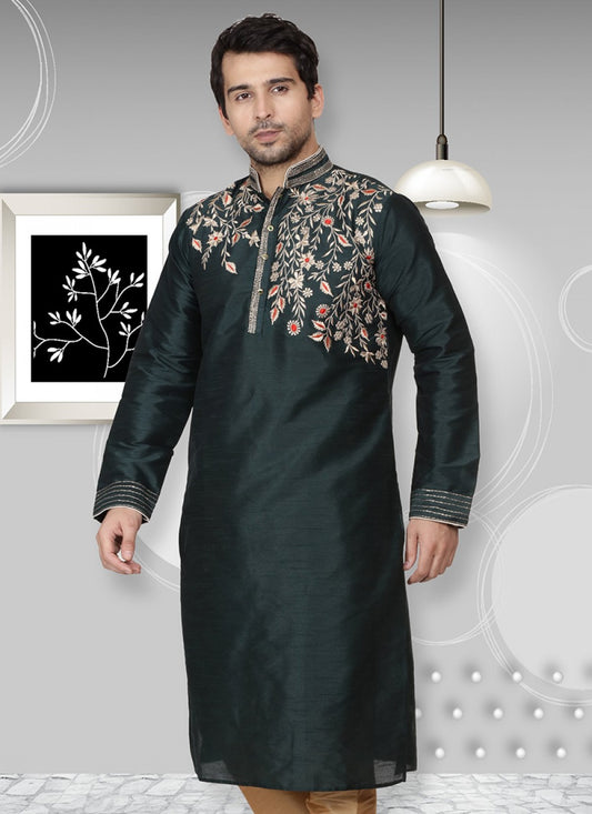 Embroidered Art Dupion Silk Green Kurta - M1326