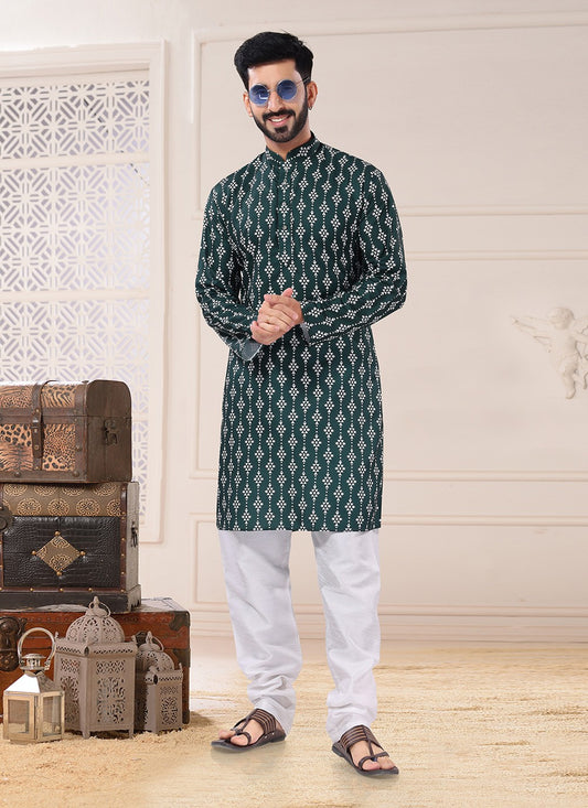 Fancy Work Cotton Green Kurta Pyjama - M4708