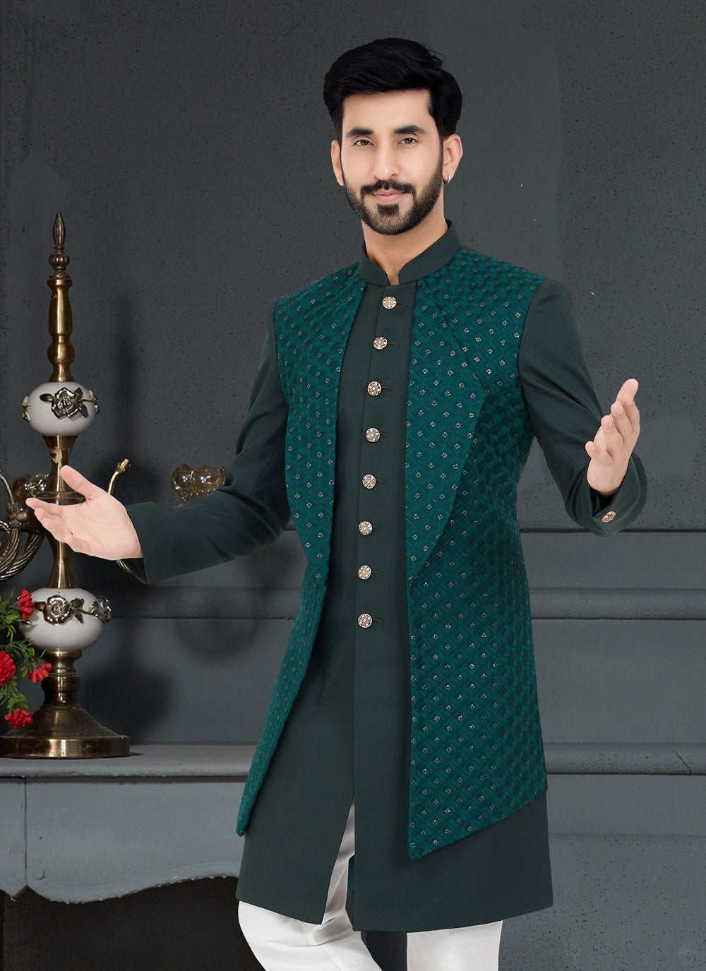 Embroidered Fancy Fabric Green Indo Western - M5036