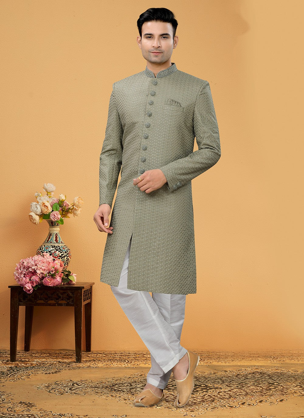 Hand Embroidery Fancy Fabric Green Indo Western Sherwani - M5156