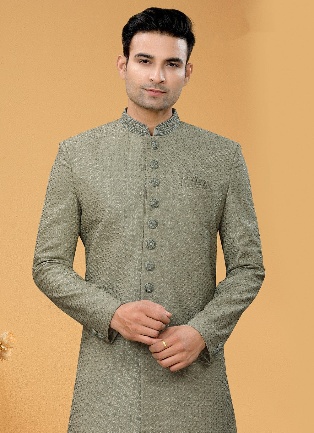 Hand Embroidery Fancy Fabric Green Indo Western Sherwani - M5156