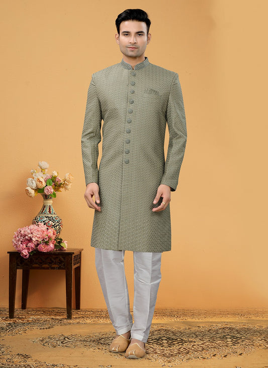 Hand Embroidery Fancy Fabric Green Indo Western Sherwani - M5156