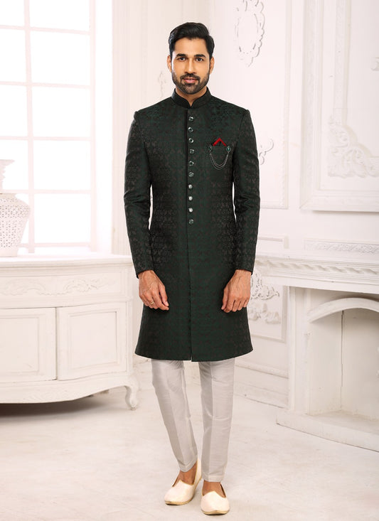 Embroidered Imported, Jacquard Green Indo Western - M3798