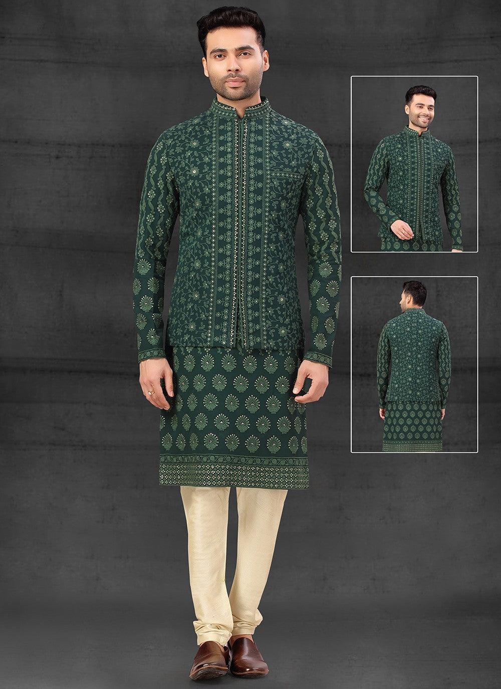 Embroidered Lucknowi Green Kurta Payjama With Jacket - M4109