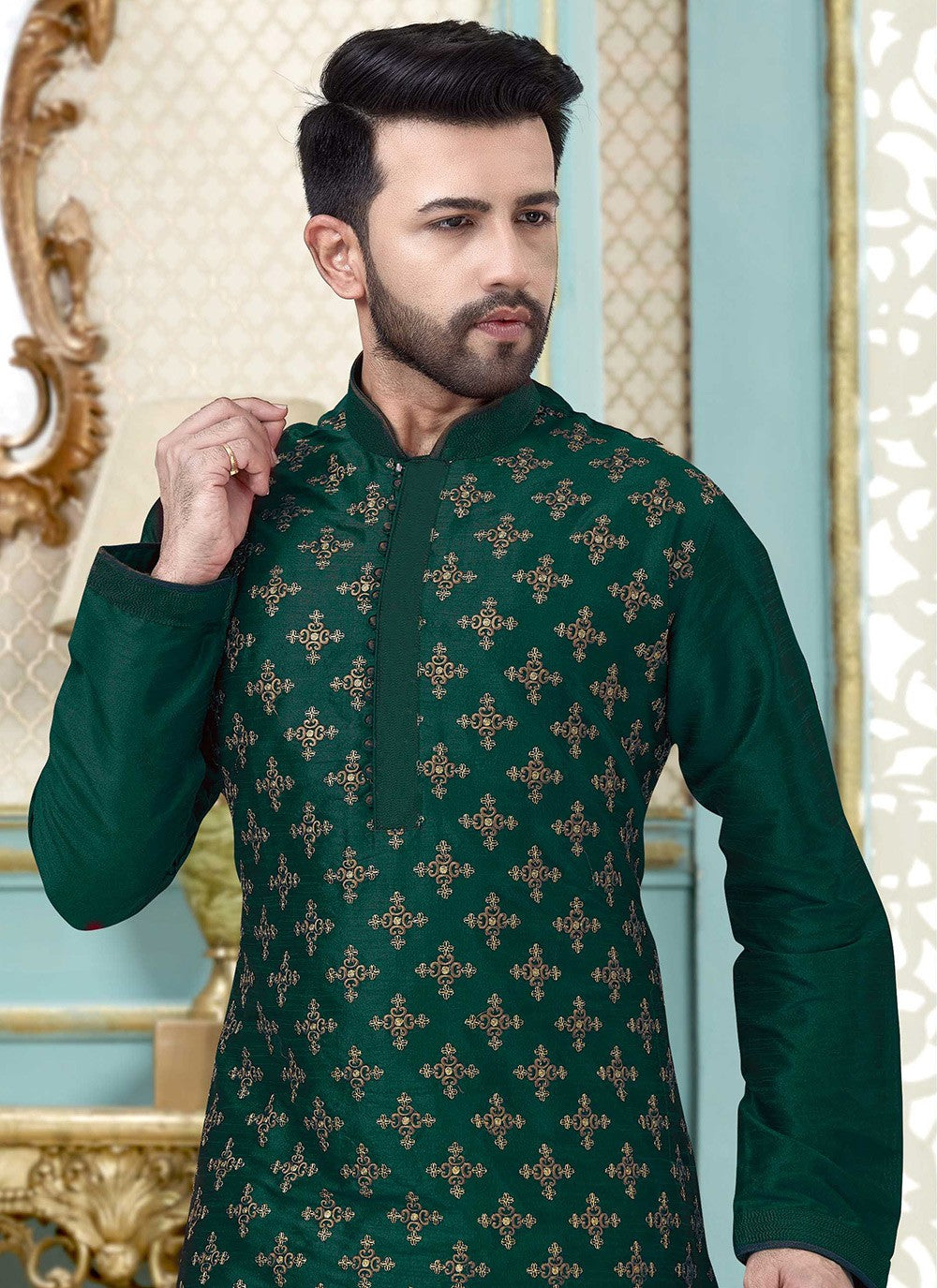 Embroidered Dupion Silk Green Kurta Pyjama - M3871