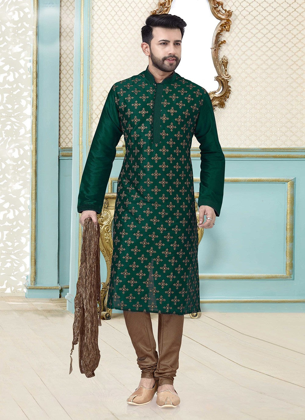 Embroidered Dupion Silk Green Kurta Pyjama - M3871